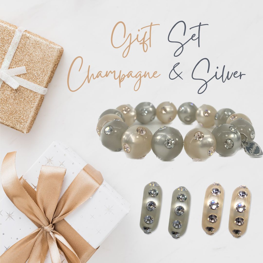 Schmuckset Perlenarmband und Creolen in Champagner und Silber